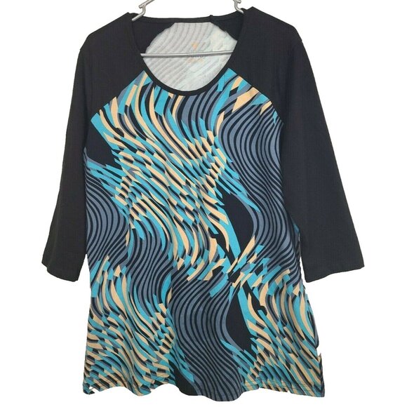 Juno Active Womens Tunic Top Size XL Black Blue Abstract Art 3/4 Sleeve Stretch - Picture 1 of 6